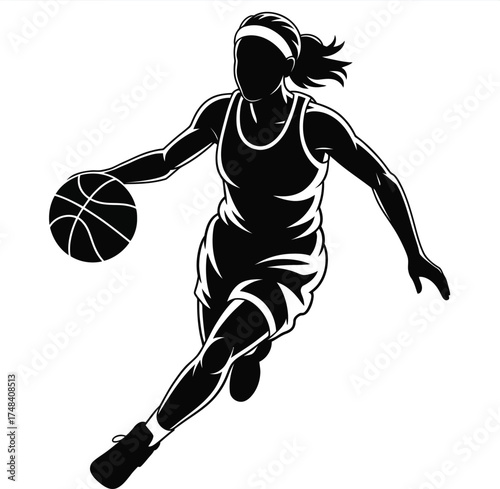 Dynamic female basketball player dribbling a striking silhouette on transparent background