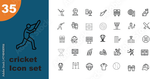 Cricket sport icon set template with various game elements