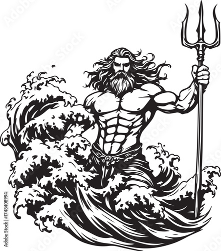 Poseidon illustration — black and white stylized sea god with trident emerging from waves in mythological ocean power scene