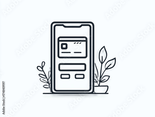 Minimalist mobile banking app interface concept with decorative plants line art design for financial technology or user interface presentations and application design for business use