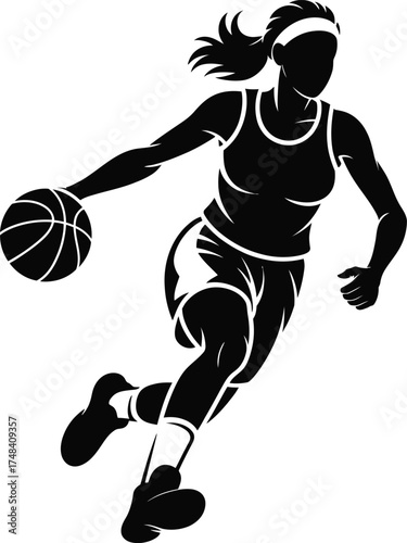 Dynamic female basketball player dribbling a striking design on transparent background silhouette