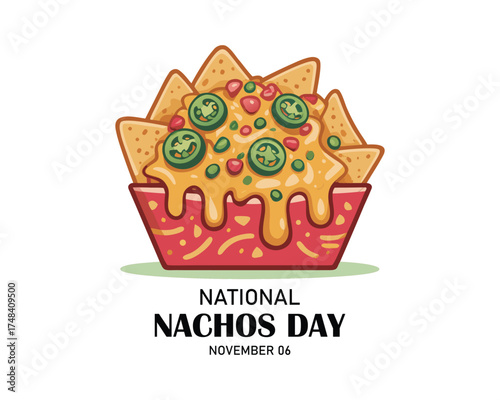 National Nachos Day vector. Mexican nachos corn tortilla with cheese and peppers icon vector. Nacho chips in a box vector. Nachos Day Poster, November 6.