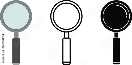Three magnifying glasses in different styles on a white background
