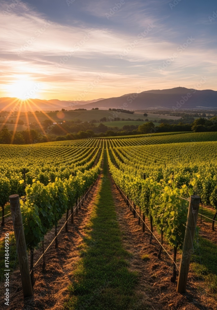 Fototapeta premium Scenic Vineyard Rows at Sunrise Grape Vines, Rolling Hills, Warm Light, Rural Landscape