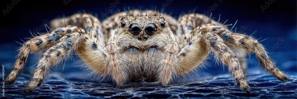 Fototapeta premium Spider displays its unique features, including detailed eyes and textured body, against a dark, blurred backdrop