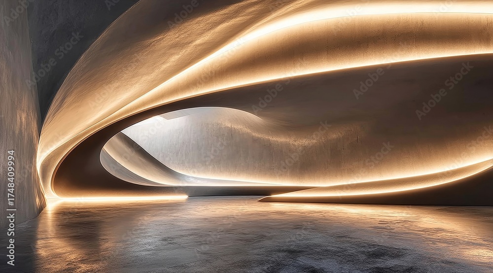 Fototapeta premium Modern architectural interior with flowing curved walls and warm ambient lighting