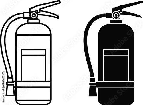 Illustrations of fire extinguishers in color outline and silhouette