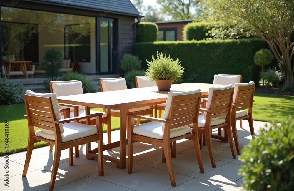 Fototapeta premium Wooden table with chairs in sunny garden. Modern outdoor furniture set perfect for alfresco dining. Lush green lawn surrounds seating area near house.