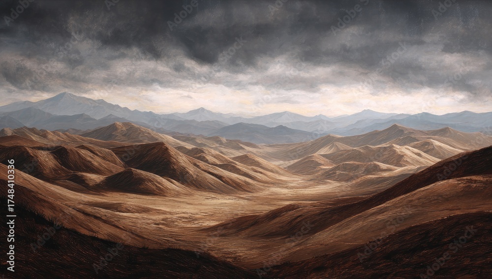 Naklejka premium Vast Mountainous Landscape Under a Cloudy Sky.