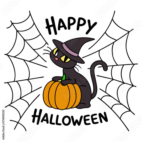 Spooky Black Cat Witch & Pumpkin Halloween Vector Art – Cute & Funny Feline in Wizard Hat on Spiderweb Background for Kids & Adults, Trick or Treat Design