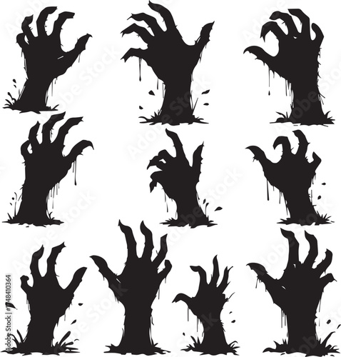 Zombie hand silhouette set — black and white horror illustration of clawed hands rising from ground in spooky Halloween grid