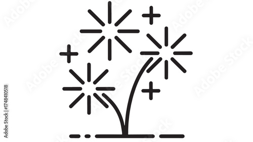 Simple line art illustration of festive fireworks bursting in the night sky