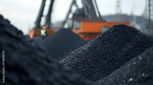 Piles of dark granular material, possibly coal or similar resources, against an industrial backdrop. A worker is seen overseeing the operation.