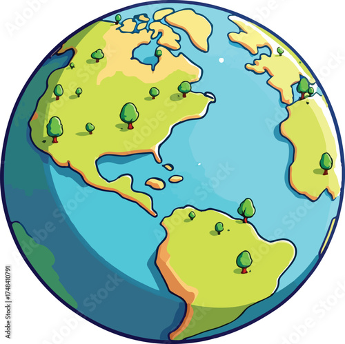 Cartoon Earth illustration — colorful stylized globe with continents and trees for geography, environment, and education themes