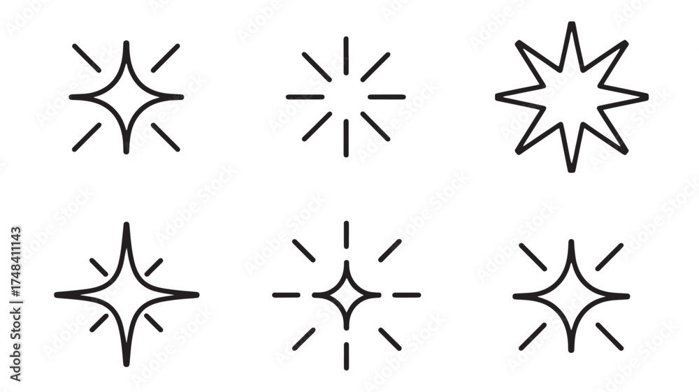 Fototapeta premium Collection of simple, clean line art sparkle and starburst icons for design.
