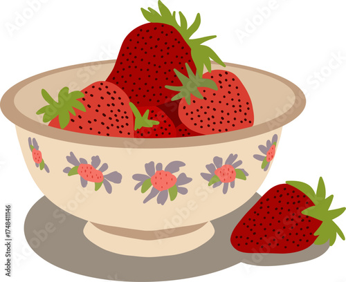 Flat Illustration of Strawberries in a Vintage Ceramic Bowl