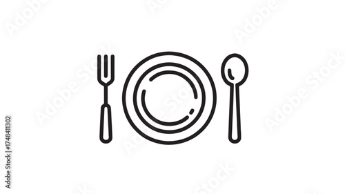 Simple line art illustration of a plate with fork and spoon for dining