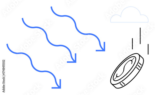 Blue arrow lines indicating airflow direction, a coin in motion, and a cloud symbolizing randomness and choices. Ideal for decision-making, luck, probability, gameplay, balance, finance simple flat