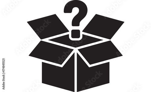 Open cardboard box with a question mark symbol above, representing mystery or surprise.