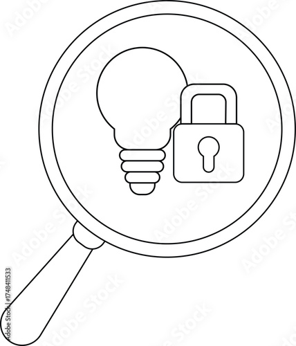 A lightbulb  padlock are seen through a magnifying glass drawn in outline