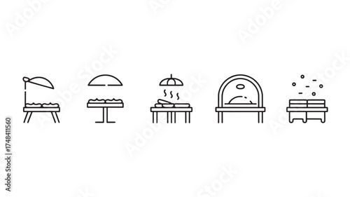 Collection of modern line art icons representing various food serving and cooking equipment.