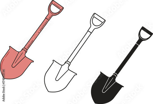 Three shovels in different styles red colored outline and black fill