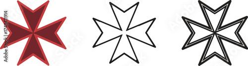 Three maltese crosses in different colors on a white background art