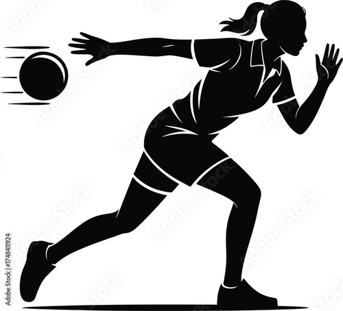Woman bowling with a ball in motion dynamic design on transparent background silhouette