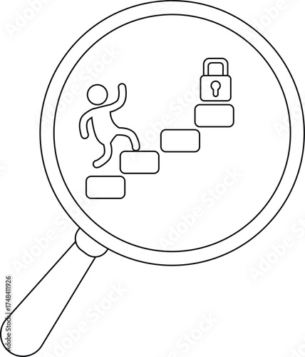 A stick figure climbs stairs to a lock magnified