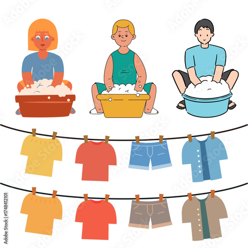 Laundry Day Chores Vector Illustration with People Washing Clothes, Hand Drawn Cartoon Clothesline Drying