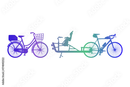 Silhouettes of three bicycles in a gradient of blue to purple. On the left is a classic city bike with a basket