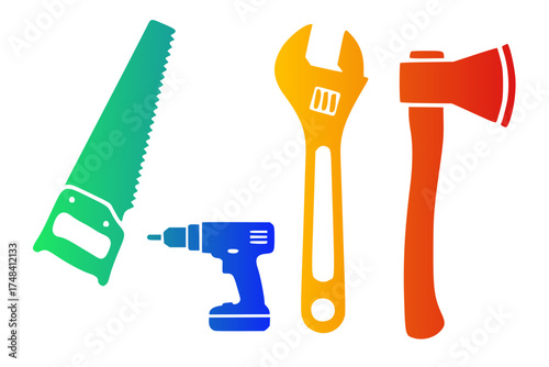 Four colorful silhouettes of tools against a white background: a green hand saw, a blue electric drill, a yellow adjustable wrench, and a red axe