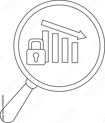 Magnifying glass showing a padlock descending bar graph and arrow pointing down