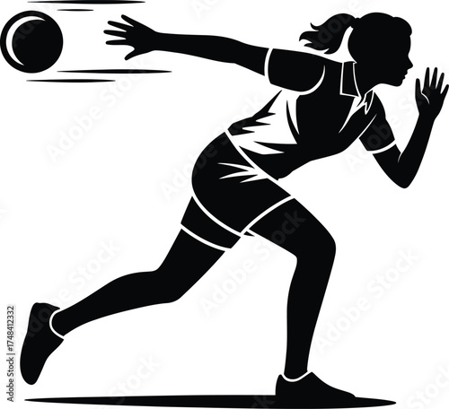 Female athlete throwing a ball in dynamic motion on transparent background silhouette