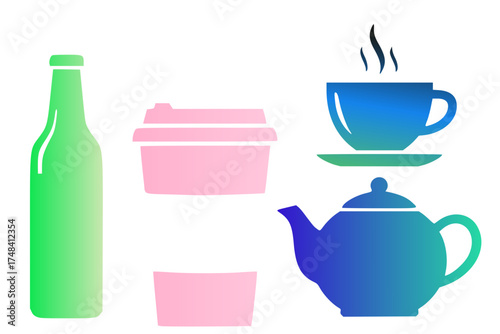Stylized image featuring a gradient green glass bottle, pink food containers, a blue teapot, and a steaming blue teacup