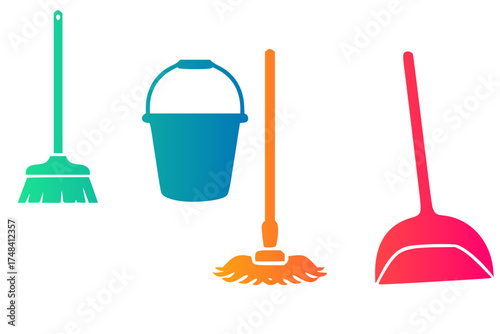 Silhouettes of cleaning tools are displayed against a white background. From left to right, a teal broom,