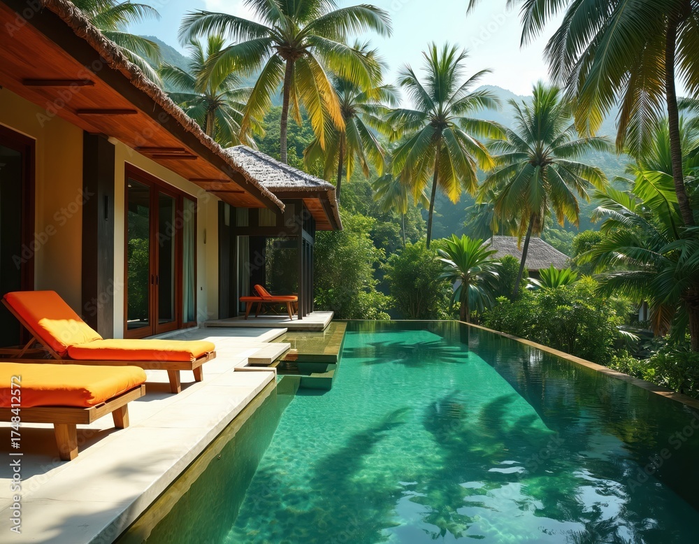 Fototapeta premium Infinity swimming pool at luxury resort hotel villa. Orange lounge chairs on deck by calm turquoise water. Rich palm trees surround jungle paradise, tropical vacation destination.