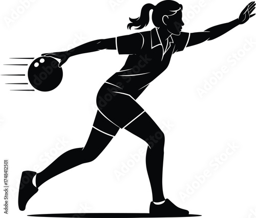 Female bowler in action throwing a ball dynamic pose on transparent background silhouette