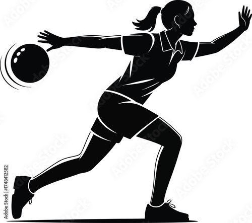 Female bowler in action throwing a ball dynamic pose on transparent background silhouette