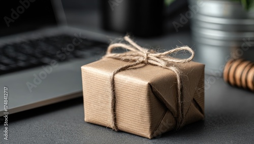 Gift Wrapped Package on Desk Near Laptop.