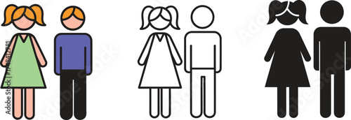 Three variations of a couple icon in color outline and solid black