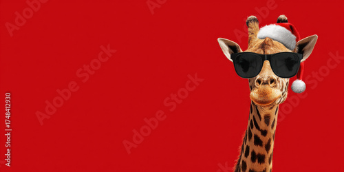 Festive christmas animal giraffe wearing santa hat and sunglasses cheerful portrait on red background