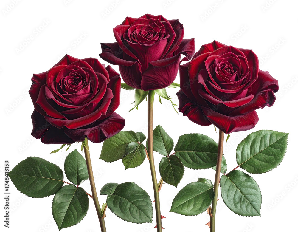 Fototapeta premium Three deep crimson roses on black background