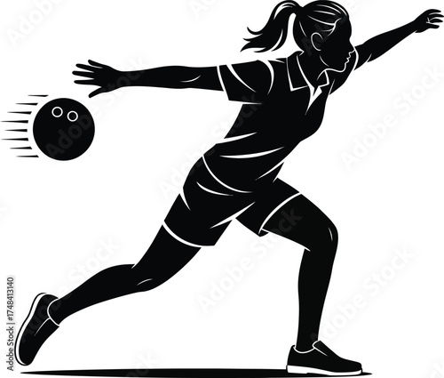 Female bowler in action throwing a bowling ball on transparent background silhouette