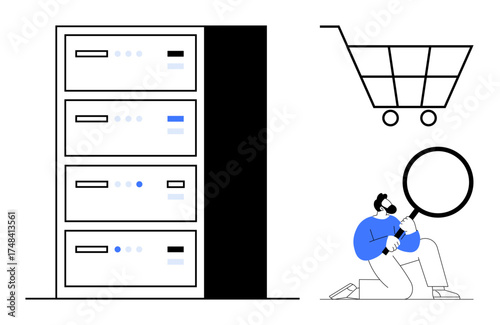 Server racks, shopping cart symbol, person analyzing with a magnifying glass. Ideal for data hosting, e-commerce analysis, data security, online shopping, research, technology simple flat metaphor