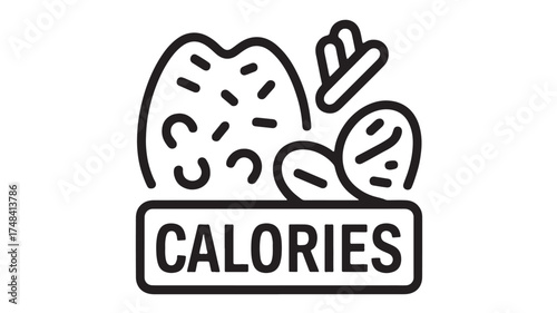 Healthy food illustration with the word CALORIES prominently displayed.