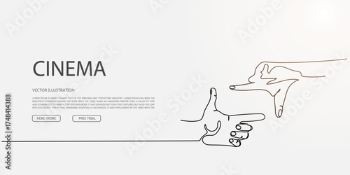 Cinema landing page with framing hands gesture in minimalist style, vector layout for director portfolio or film site
