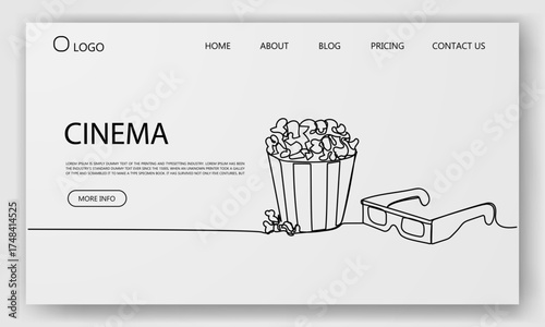 Linear design of popcorn bucket and 3D glasses on a web layout for cinema and movie streaming site concept