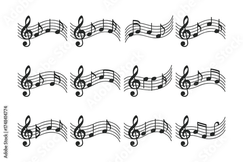 Set of Wavy Music Notes and Clefs or Decorative Musical Staff Borders and Dividers. vector, illustration