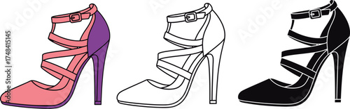 Illustrations of high heel shoes in color outline and silhouette